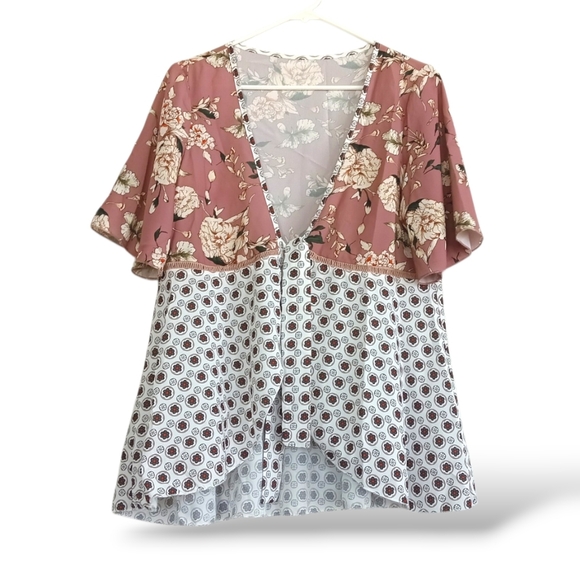 Tops - Sexy Kimono Blouse Tie Front Pink Patchwork Boho Western Flowy Floral Pastel MED